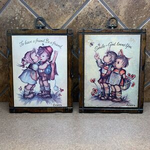 Vintage Hummel Wooden Wall Plaques 9.5" x 7" Handmade USA 1960s MCM Cottage Art